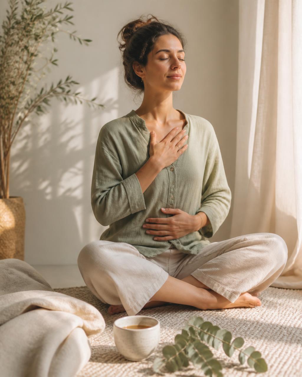 A peaceful moment of breathwork and mindful stillness in a warm, sunlit space